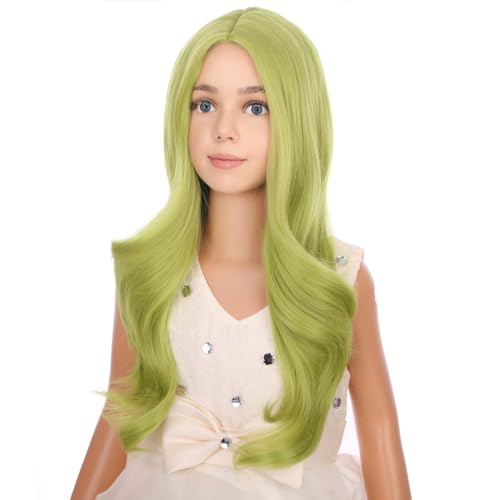Image of PATTNIUM Kids Olive Green Wig Long Wavy Green Wig Matcha Green Wigs Middle Part Synthetic Wigs