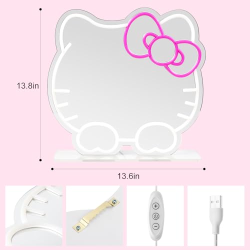 Image of Hello Kit Vanity Mirror with Lights, Pink Room Decor for Girls, Neon Sign Led Wall Mirror with Base Suitable for Desktops, Wall, Bedrooms Decor, Children'S Favorite Anime Neon Mirrors with Dimmable