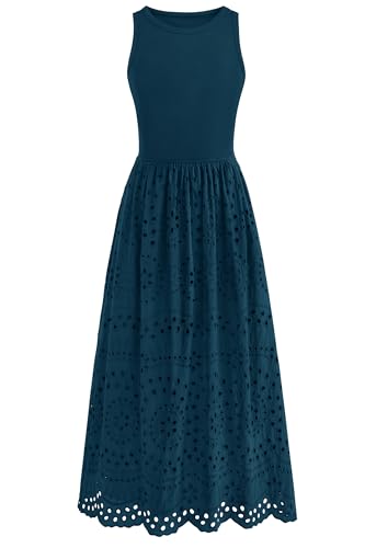 Image of dowerme Women Summer Dresses 2026 Casual Sleeveless Crewneck A-Line Boho Lace Eyelet Cotton Tank Maxi Dress with Pockets