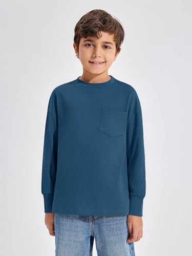 Haloumoning Boys Long Sleeve Shirts Kids Fashion Crewneck Side Slit Tops Tees with Pocket 5-14 Years3