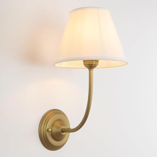 Image of Vintage Fabric Wall Sconce 8.66 inch Diam Linen Cloth Shade, E26 Hardwired Indoor 1-Light Wall Mounted Lamp Fixture for Living Room Bedroom Stairs Hallway