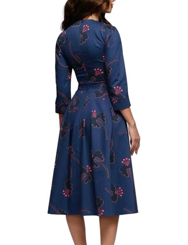 Image of Simple Flavor Women's Floral Vintage Dress Elegant Midi Evening Dress 3 /4 Sleeves
