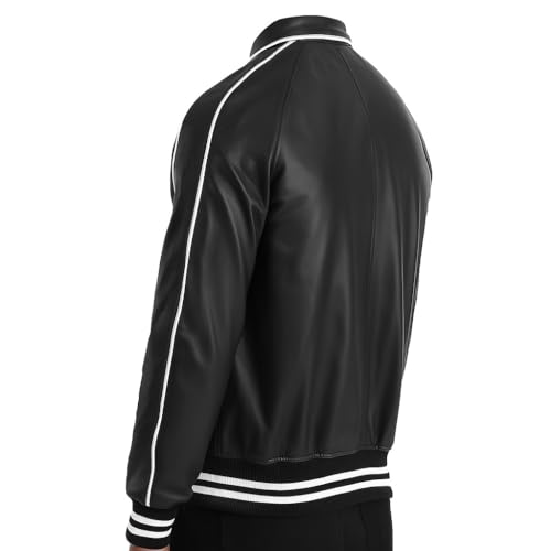 Men's Bomber Classic Black Genuine Leather Sports Jacket with White Stripe Turn Down Collar Casual Biker Streetwear4