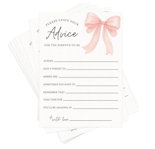 Printed Party Baby Shower Advice Cards Pink Bow Design Wishes for Baby Girl Activity Guest Game and Keepsake Set of 30