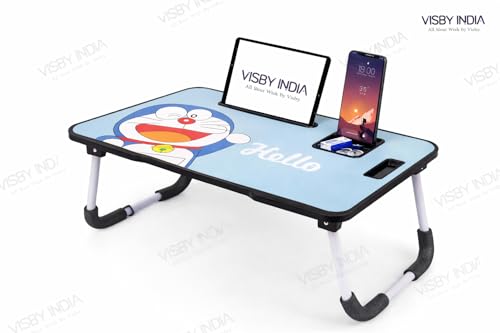 Image of VISBY INDIA Smart Multipurpose Foldable Laptop Table with Cup Holder, Study Table, Bed Table, Breakfast Table, Foldable and Portable /Ergonomic & Rounded Edges /Non-Slip Legs (Doremon C-Biding)