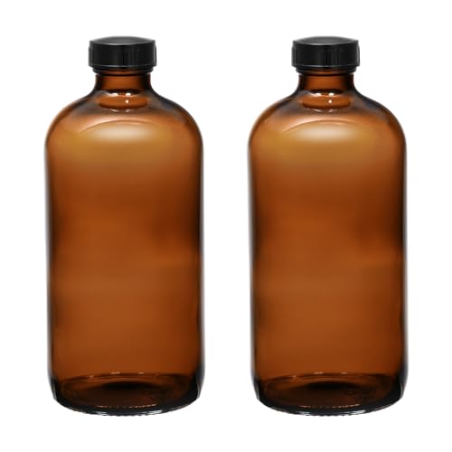 2 Pack 16oz Amber Boston Round Bottles with Black Airtight Caps