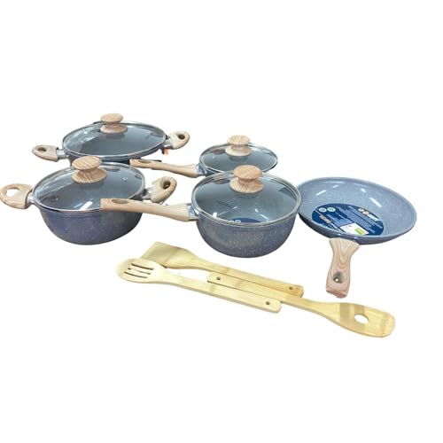 Jogo de Panela Antiaderente com Cabo de Madeira, 8 Peças, Cinza e Azul Chumbo, Aço Carbono, Caçarolas 24cm e 20cm, Panelas 20cm e 18cm, Frigideira 24cm, Utensílios de Madeira