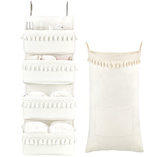 Image of Dahey Over The Door Organizer with 4 Pockets and Macrame Hanging Laundry Hamper Bag Boho Door Storage for Pantry, Closet, Nursery, Bathroom, Bedroom, Dorm, White