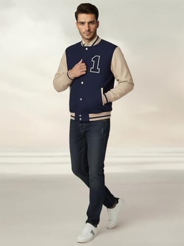 Image of CHKOKKO Men's Regular Varsity Jacket with Snap Button Closure and Patch Design Trendy Comfortable Outerwear for College Travel and Casual Wear