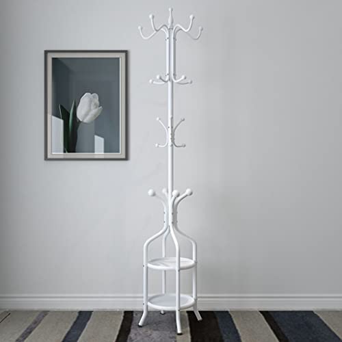 Perchero de metal con 12 ganchos y soporte para paraguas, perchero de pie para entrada, pasillo, árbol con estantes para sombreros, ropa y bolsos, perchero blanco