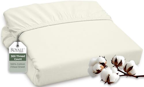Image of ROYALE LINENS 300 Thread Count 100% Long Staple Combed Cotton Fitted Sheet Full - Super Soft Deep Pocket Bottom Sheet - Fitted Sheets Only - Elastic Sheets (Full, Ivory)