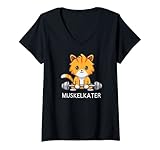 Damen Lustig Niedliche Katze Muskelkater Fitness Krafttraining Gym T-Shirt mit V-Ausschnitt