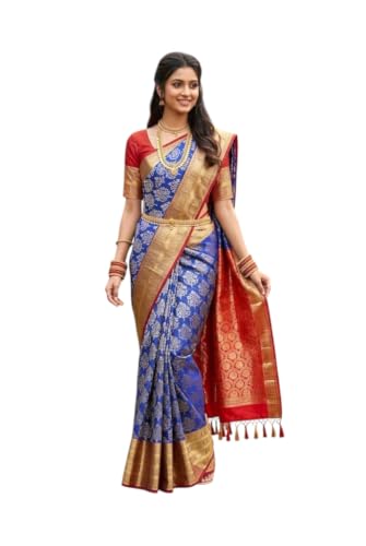 Image of VFCollections Women's Traditional Handloom Kanchipuram Silk Pure Pattu Sarees | Rich Zari Woven Design | Bridal Saree | Unstitched Blouse