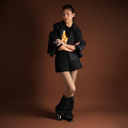 Image of Theater Women Banded Plush Ribbed Leg Warmer - Black | Soft Ribbed Knit with Contrast Band | Stretchable & Stylish | Free Size Layer