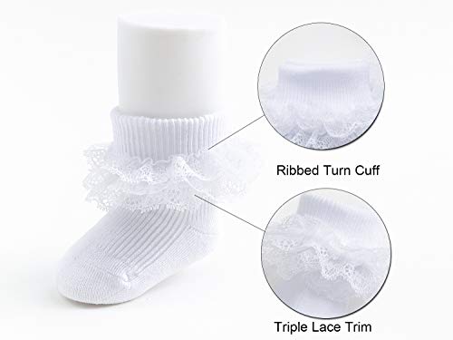 Image of Epeius Baby-Girls Eyelet Turn Cuff Ruffle Lace Socks Triple Lace Dressy Socks Newborn /Infants /Toddlers 3 /5 Pairs