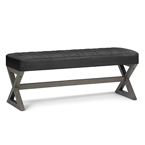 SIMPLIHOME Salinger 48 inch Wide Contemporary Modern Rectangle Ottoman Bench in Distressed Black Vegan Faux Leather, Assembled, For the Living Room and Bedroom