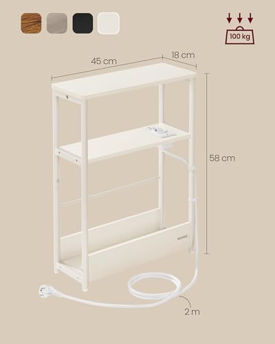 VASAGLE Beistelltisch schmal, Nachttisch mit Ladefunktion, Couchtisch klein, 3 Ablagen, Zeitschriftenhalter, für Wohnzimmer, Schlafzimmer, Arbeitszimmer, cremeweiß LET335W02