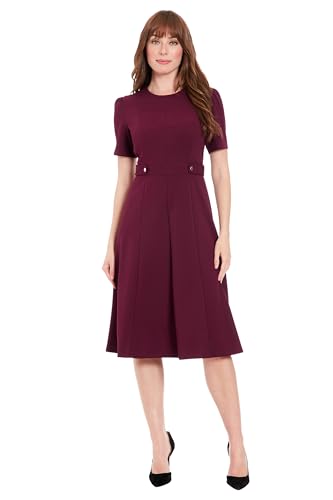 London Times Women's Short Sleeve Crepe Fit and Flare Midi with Waist Button Detail