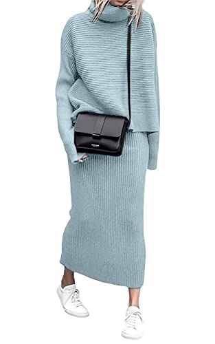 Image of ebossy Womens Ribbed Knit Sweater Outfits Casual Loose 2 Piece Turtleneck Pullovers Elastic Waist Maxi Skirt Sets