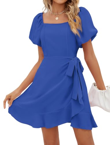 Image of Sampeel Womens Summer Dresses Square Neck Puff Sleeve Tie Waist Short Dress