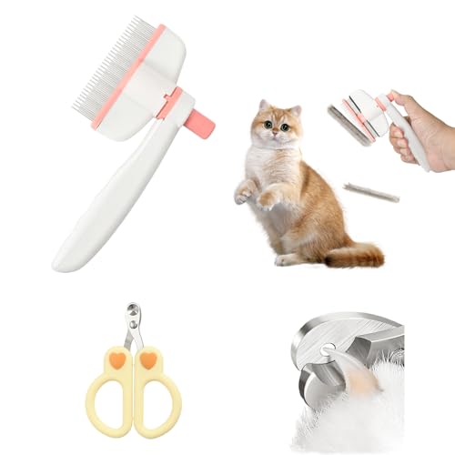 Spazzola per Cani con Testa Rotante e Autopulente – Spazzola per Gatti e Pettine per Pelo Corto – Kit Toelettatura Rosa e Giallo con Tagliaunghie