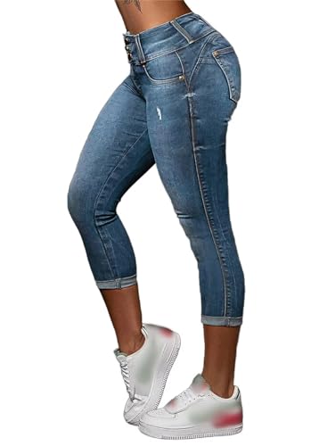 Flamingals Capri Jeans for Women Butt Lifting Stretch Mid Rise Skinny Capris Denim Jeans Blue L