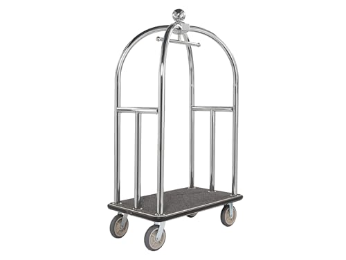 Hotel Luggage Cart, Heavy Duty 350kg Capacity Stainless Steel Baggage Trolley with Hanging Rail and Grey Carpet Base on Large Castor Wheels
