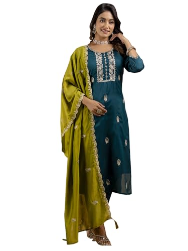 Image of VredeVogel Women's Silk Blend Embroidered Kurta with Pant & Dupatta Set | Modern & Traditional Blend Ethnic Wear | Festive & Casual Outfit