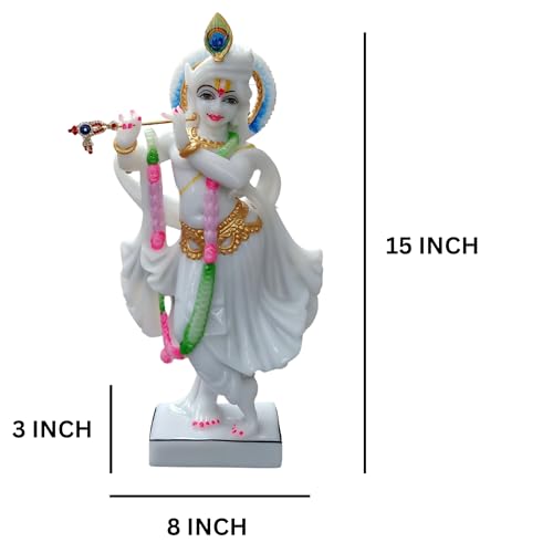 Image of Marble Handicraft God Krishna Idols Statue Murti for Home Decoration and Temple Decoration Items for Home Decor Living Room Mandir Temple Pooja Room Table Top Office Decorative Gifts(White)