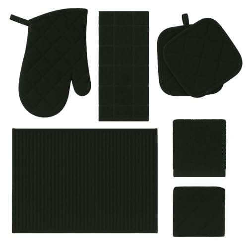 7-Piece All Black Kitchen Set – Oven Mitt, Pot Holders, Dish Rags, Drying Mat & Towel | Modern Minimalist Essentials