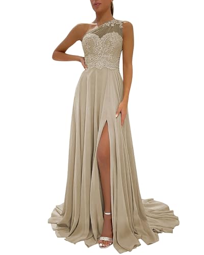 Image of LANGKAAO One Shoulder Lace Bridesmaid Dresses Long for Wedding A-Line Chiffon Slit Formal Party Gown with Pockets