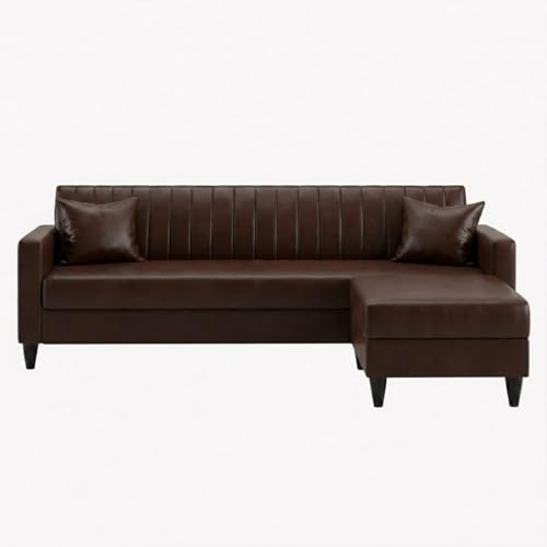 Image of FURNY Gracina 5 Seater L Shape Sofa Set with Movable Ottoman | Flexible Left or Right Layout | Plush Velvet Fabric (Brown) | Perfect for Living Room, Guest Room & Office