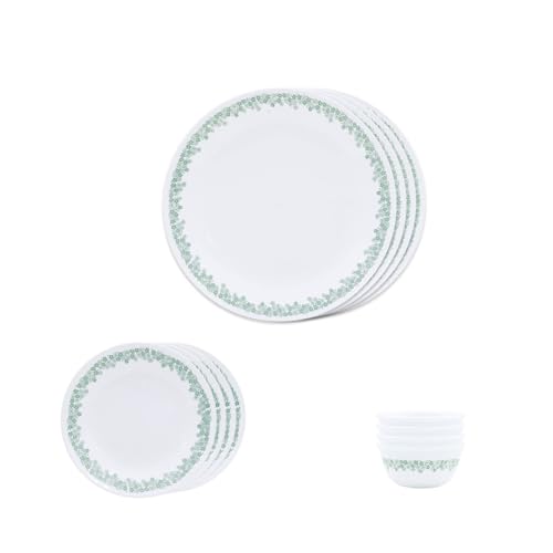 Image of CORELLE Spring Blossom Mint 12 Pcs Dinner Set for Family of 4 | Plates, Bowls for Dining| Vitrelle 3 Layer Glass| Lightweight Non-Porous Surface Crockery| 1-Year Warranty on Chip, Break & Scratch