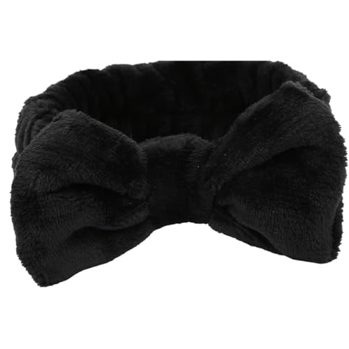 Faixa de Cabelo Pelúcia Rosa com Laço, Tiara para Maquiagem e Skincare (Preta, Único)