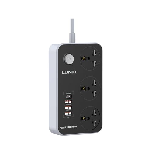 وصلة كهرباء شحن سريع بثلاث فيش كهربائية، PD20W وثلاث مقابس USB 3.0 شحن سريع من لدنيو SC3412 - رمادي