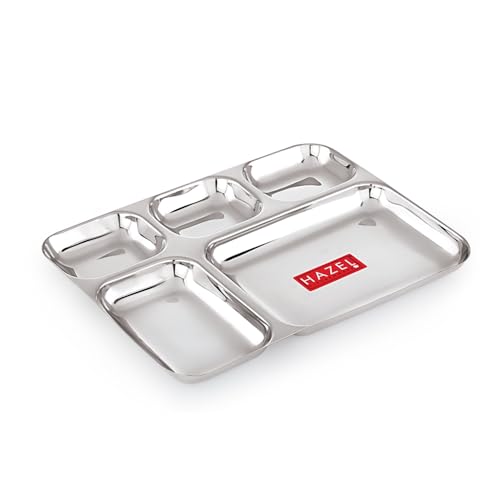 Image of HAZEL Stainless Steel 5 Compartment Section Plate | Divided Meal Tray for Kids & Adults | All-in-One Thali for Lunch, Dinner & Serving
