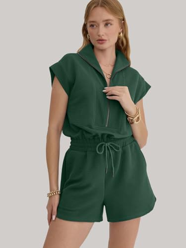 Image of Rompers for Women Summer Short Sleeve Half Zip Lapel Collar Jumpsuit Casual Drawstring One Piece Outfits with Pockets
