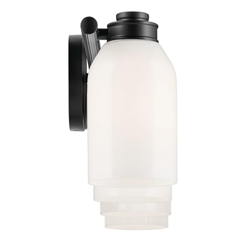 Image of Kichler Shae 4-Light Bathroom Vanity Light, Black | White opal glass vanity light for modern bathroom mirrors (32.25 inch x 9 inch), 55203BK