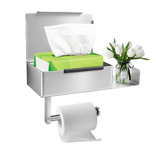 Toilettenpapierhalter ohne Bohren Wc Papier Halterung mit Feuchttücherbox & Ablage Edelstahl Klopapierhalter Selbstklebend oder Bohren Klorollenhalter für Badezimmer