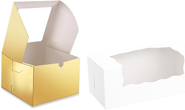25 Gold 5x5x3.5 Inches Bakery Boxes + 15 White 9x4x3.5 Inches Roll Cake Boxes