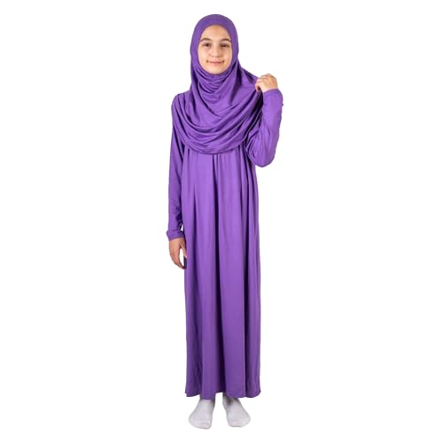 ihvan online Vestido musulmán de una pieza para niña, vestido de oración islámica de manga larga con hijab, morado oscuro, 8 12 años