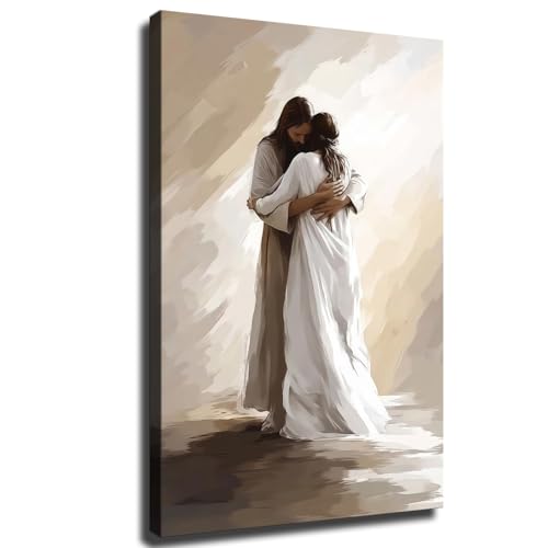 Woman Safe in His Arms Wall Art, Jesus Neutral Painting