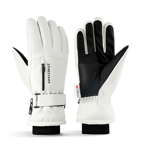 2THESTARS Winter Ski Gloves Waterproof Windproof Snow Gloves Thermal Insulated Touchscreen with Pocket for Men Women Cycling Hiking Outdoor Sports Work (White Medium)