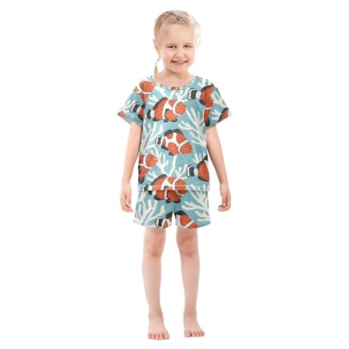 ALAZA Clownfish Coral Reef Blue Pajamas Set Short Sleeve Cotton Sleepwear Summer Pjs 2 Piece 5-14Y3