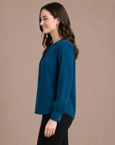 Image of Mirana Women's Full Sleeve Solid Top | Round Neck Pleated Front Regular Fit Office Casual Blouse with Button Cuffs