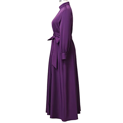 Image of CAMDOM Church Clergy Dress for Women Long Sleeve A Line Elegant Maxi Dress with Tab Insert Stand Collar and BeltA