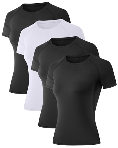 4-Pack Womens Compression Shirts Short Sleeve Workout Tops Athletic Quick Dry Tees Baselayer T-Shirt for Gym Yoga Running 4A S