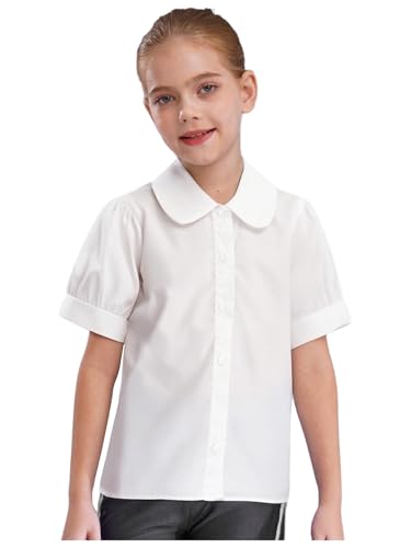 JEATHA Kids Girls White Blouse Short Sleeve Button Down Shirts Princess Collared School Uniform Tops