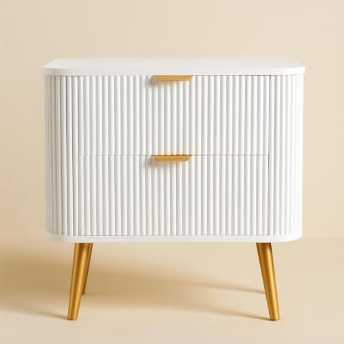 Image of Wooden Bedside Table for Bedroom (White, Pack of 2) | Wooden Bed Side Nightstand Lamp Table with 2 Drawers for Home & Hotels | Side Table for Living Room | Premium HDMR Wood & Iron Legs