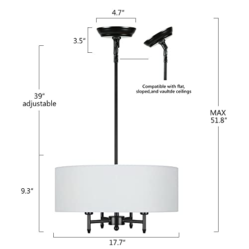 Finexpect 4-Light Modern Drum Chandelier With White Linen Drum Shade 18" Contemporary Pendant Light Fixtures For Dining Room Living Room Foyer Bedroom Kitchen, Black Finish #TOP4